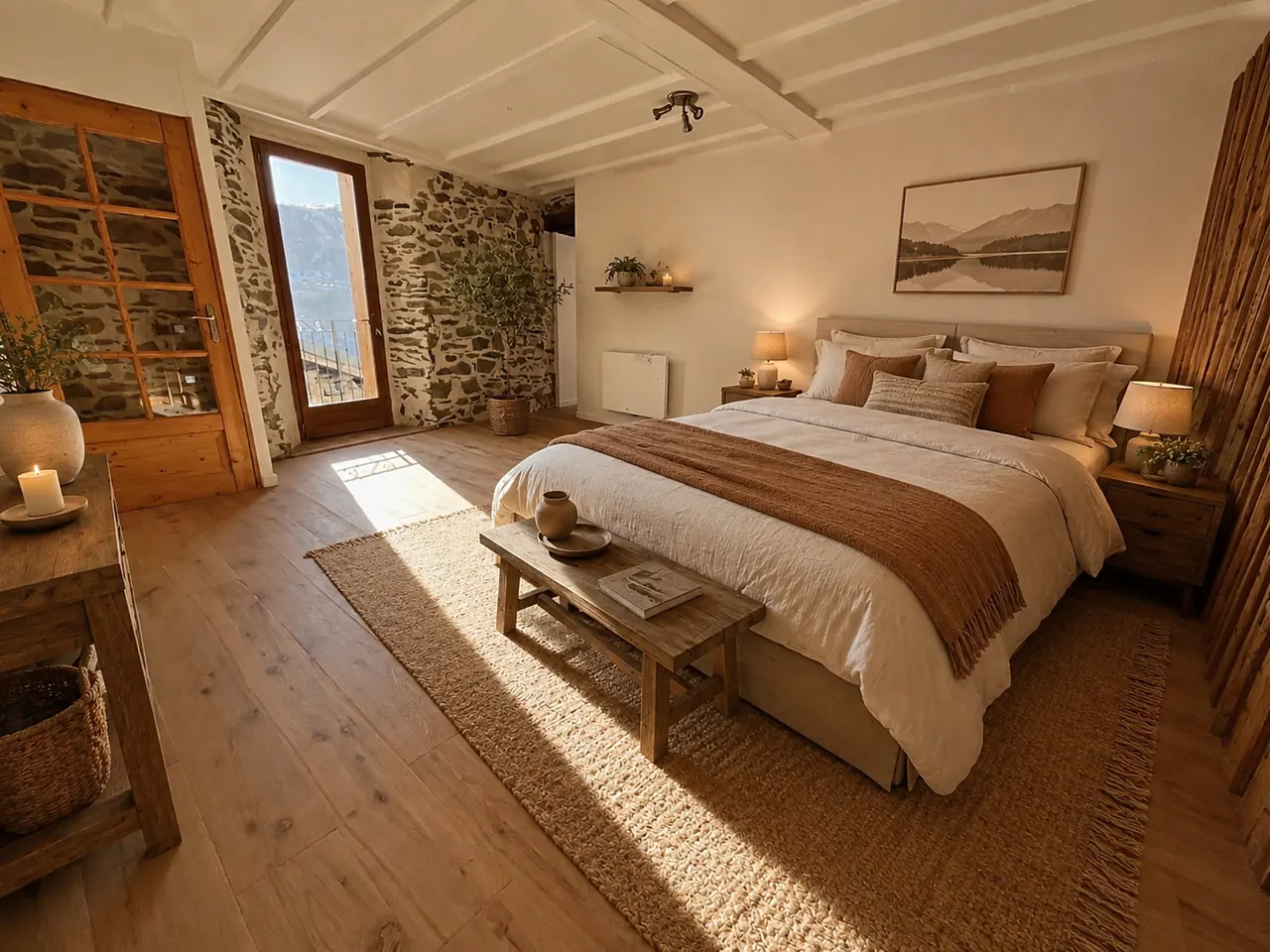 Projection d'aménagement de la chambre avec porte-fenêtre, image générée par IA